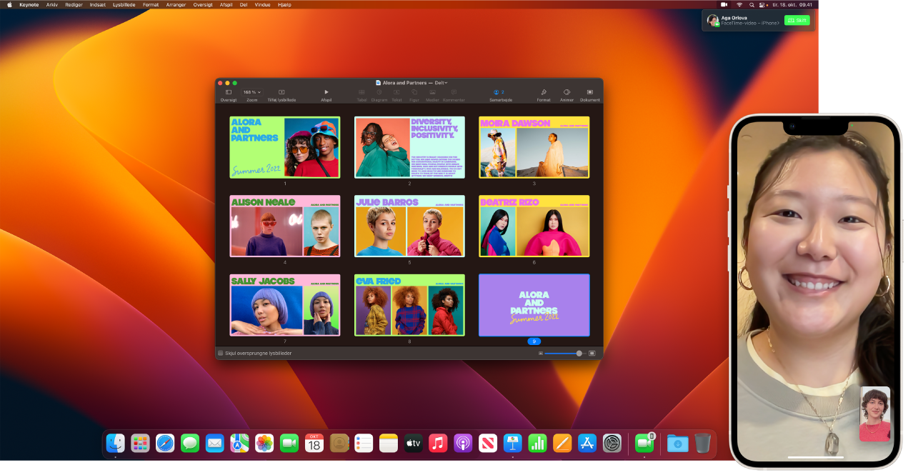 Et FaceTime-opkald på en iPhone ved siden af en Mac-computer med et åbent Keynote-vindue. I øverste højre hjørne af Mac-computeren er der en knap til at skifte FaceTime-opkaldet over til Mac-computeren.