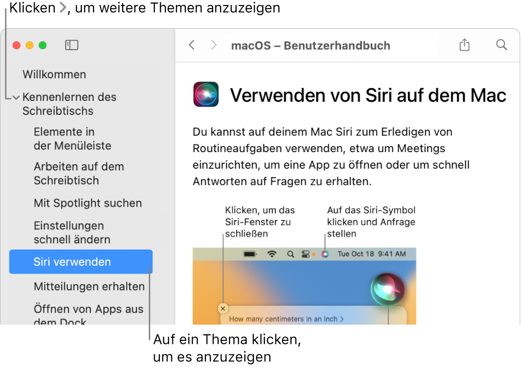 Help Viewer mit zwei Beschreibungen – eine informiert, wie Themen in der Seitenleiste angezeigt werden können, die andere erläutert, wie der Inhalt eines Themas angezeigt werden kann.