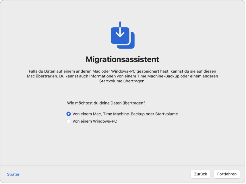 Ein Bildschirm des Systemassistenten sagt „Migrationsassistent“. Ein Markierungsfeld zum Übertragen von Informationen von einem Mac ist ausgewählt.