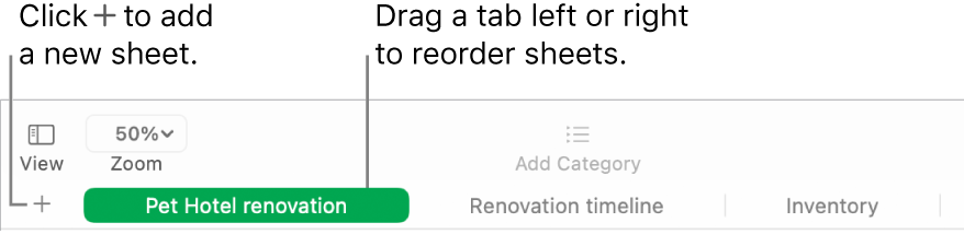 A Numbers window showing how to add a new sheet and how to reorder sheets.