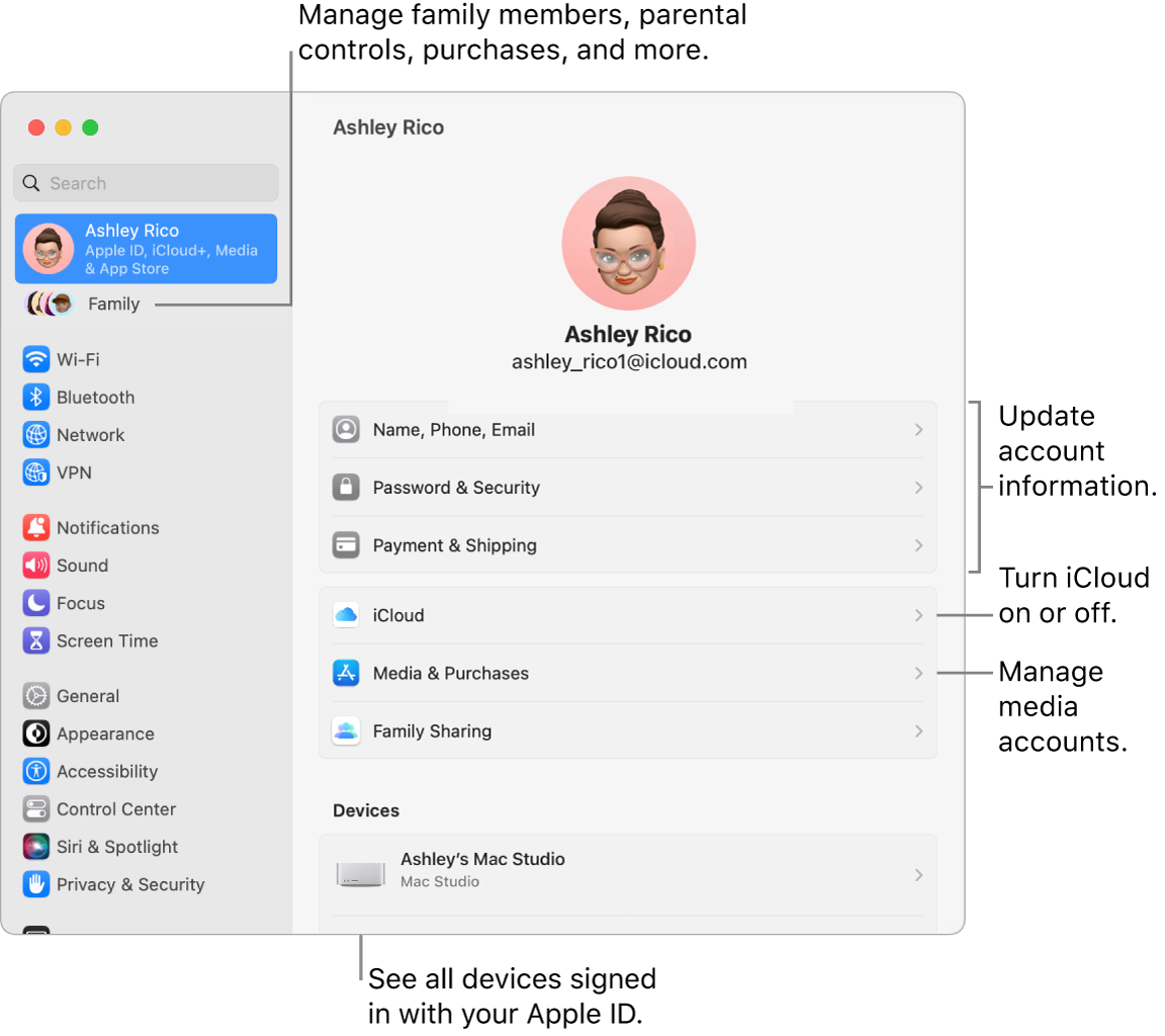 The Apple ID settings in System Settings with callouts to update account information, turn iCloud features on or off, manage media accounts, and Family, where you can manage family members, parental controls, purchases and more..