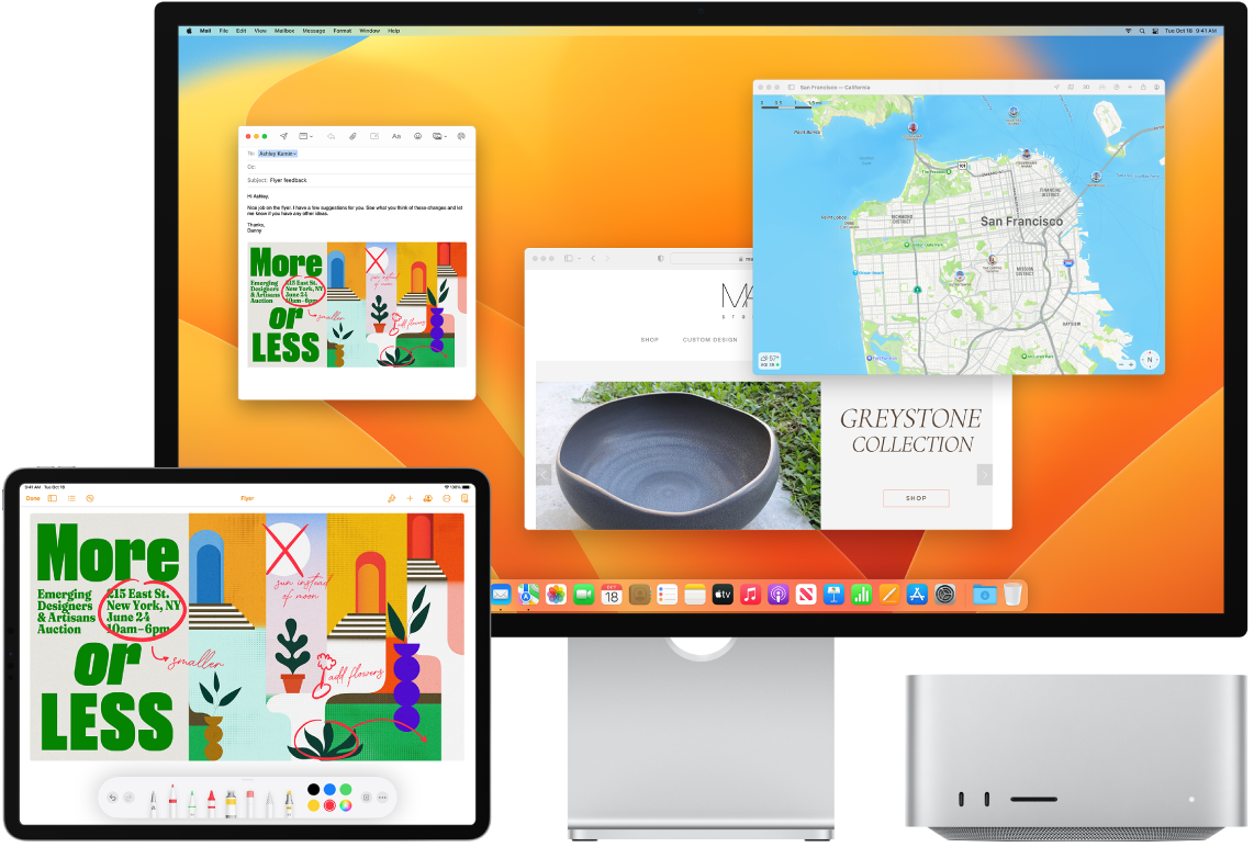 A Mac Studio and iPad next to each other. The iPad screen shows a flyer with annotations. The Mac Studio screen has a Mail message with the annotated flyer from the iPad as an attachment.