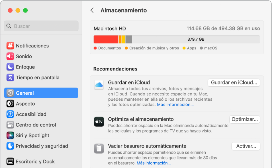 La configuración de Recomendaciones del almacenamiento mostrando las opciones Guardar en iCloud, Optimizar almacenamiento y Vaciar Basurero automáticamente.