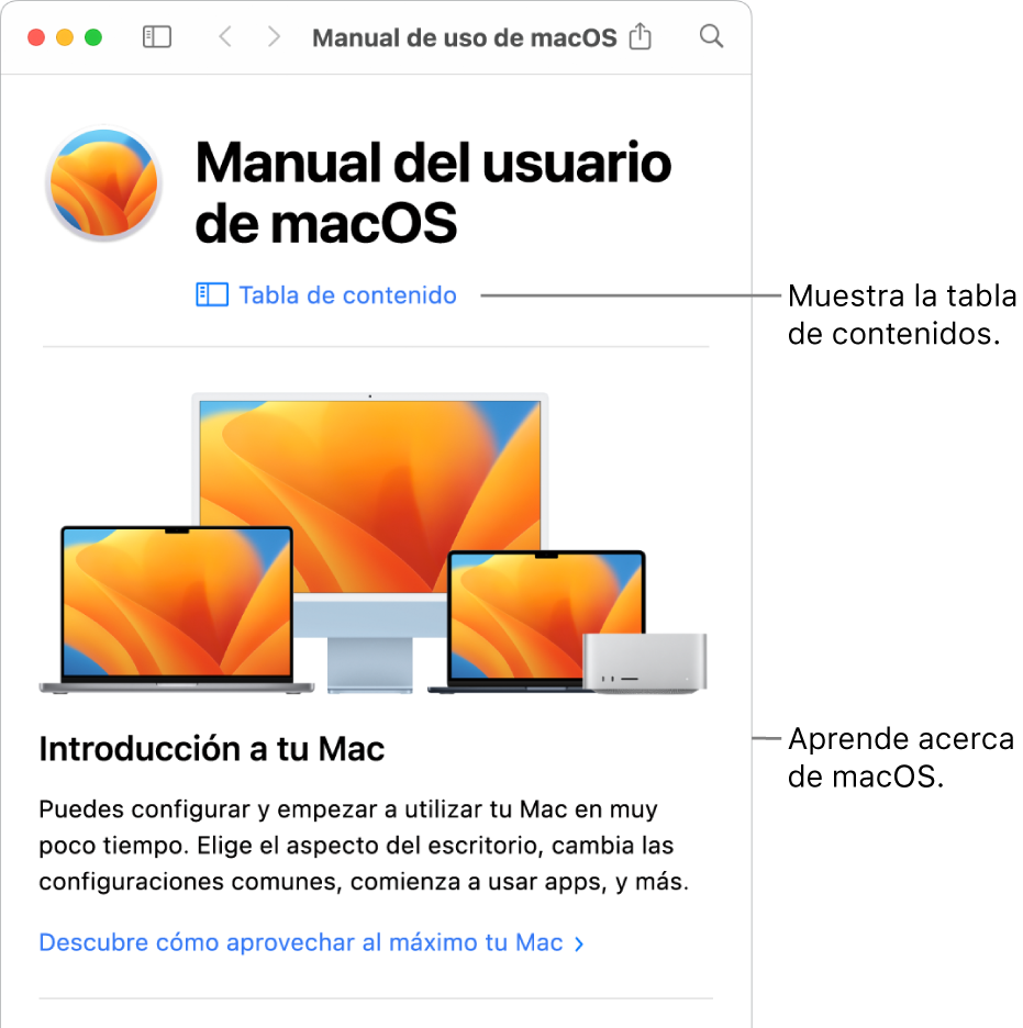 La página de bienvenida del Manual de usuario de macOS con el enlace a la tabla de contenido.