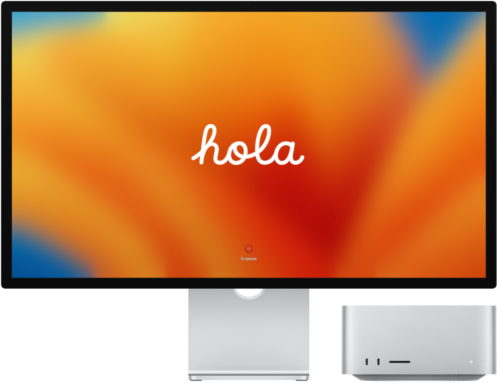 Un monitor Studio Display y una Mac Studio lado a lado con la palabra “hola” en la pantalla.
