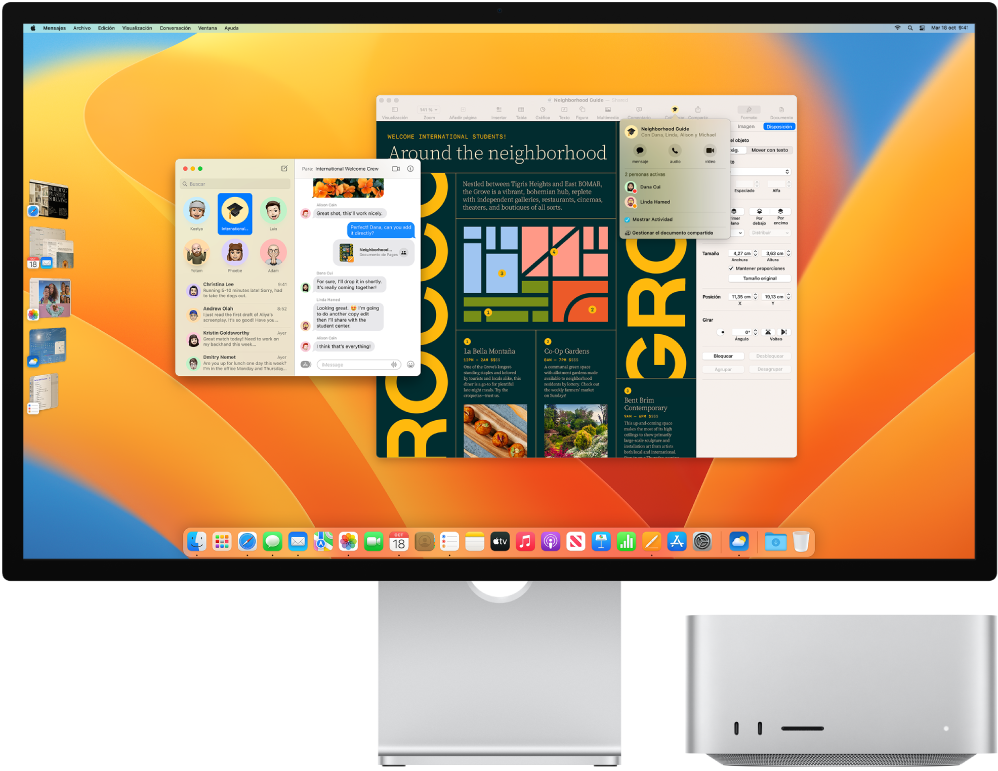 Un Mac Studio conectado a una pantalla que muestra el escritorio con el centro de control y varias apps abiertas.