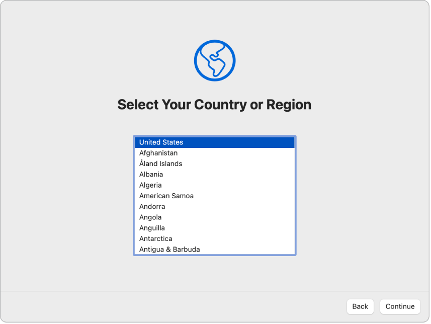 Setup Assistant kuvab valikuid kasutaja riigi või piirkonna valimiseks.