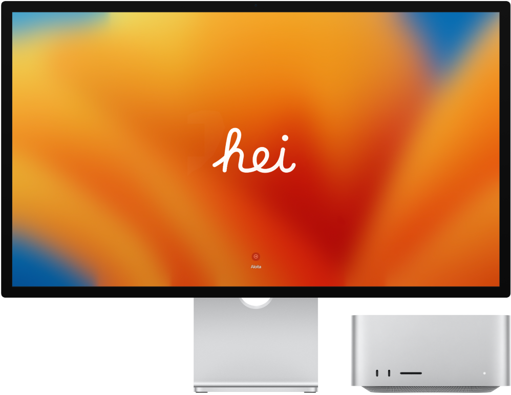 Studio Display ‑näyttö ja Mac Studio vierekkäin ja näytöllä sana ”hei”.