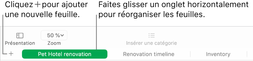 Fenêtre de Numbers indiquant comment ajouter une nouvelle feuille et réorganiser des feuilles.