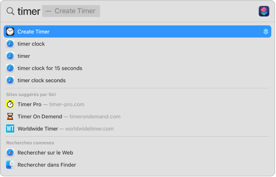 Recherche Spotlight correspondant à « minuteur », affichant les résultats pour utiliser l’action rapide pour « Créer un minuteur ».