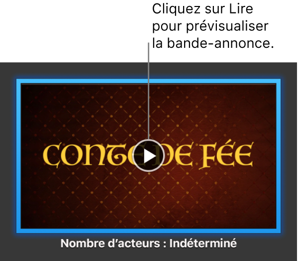 Écran d’iMovie présentant une bande-annonce avec le bouton Lecture surligné.