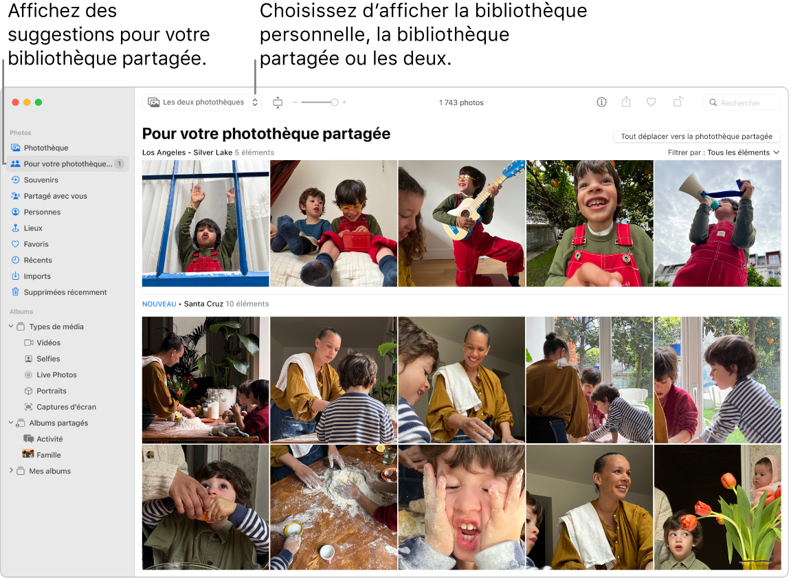 Fenêtre Photos présentant à la fois la photothèque personnelle et la photothèque partagée, avec des suggestions de photos pour la photothèque partagée.