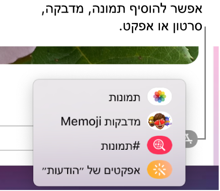 תפריט “יישומים” עם אפשרויות להצגת תמונות, מדבקות Memoji, תמונות GIF ואפקטי הודעות.