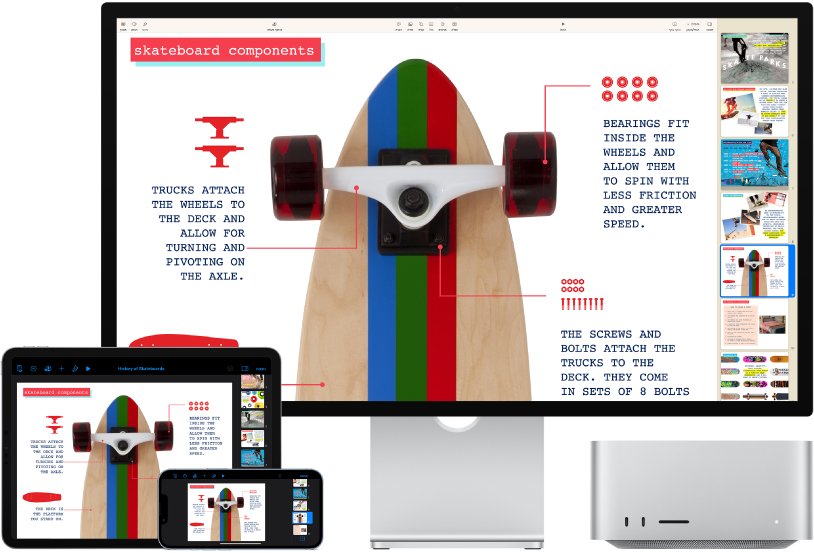 Mac Studio ליד מכשירים שונים המציגים כולם את אותו תוכן ב-iCloud.
