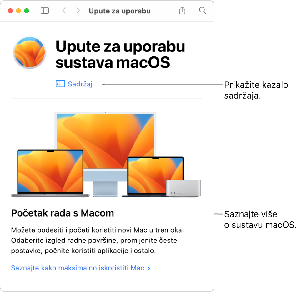 Stranica dobrodošlice za Upute za uporabu za macOS koja prikazuje link za Sadržaj.