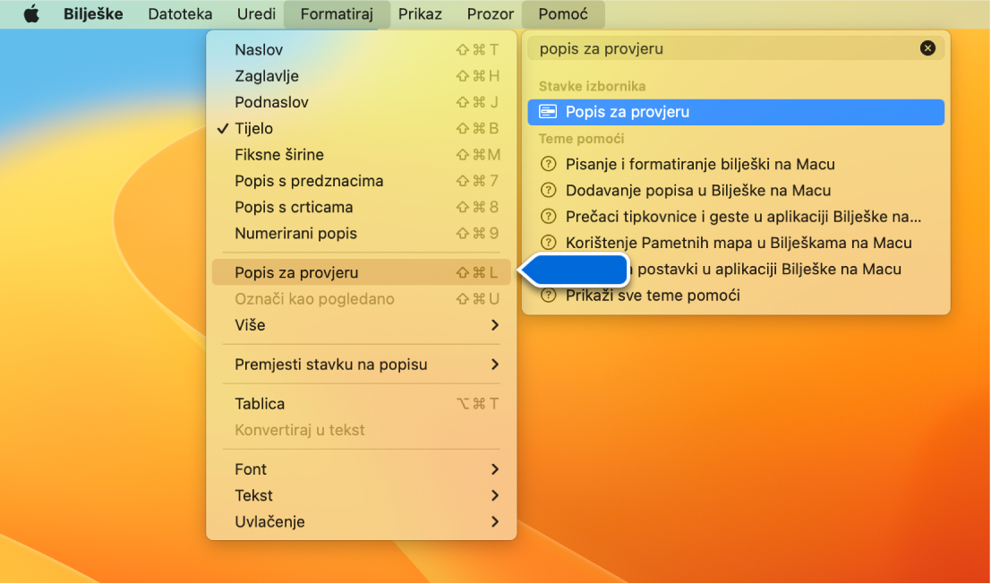 Izbornik Pomoć s prikazom pretraživanja za “kontrolni popis” s Kontrolnim popisom istaknutim u izborniku Format.
