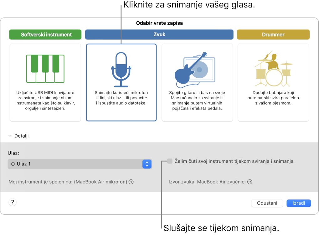 Ploča za instrumente aplikacije GarageBand prikazuje gdje kliknuti za snimanje glasa te kako se preslušati nakon snimanja.