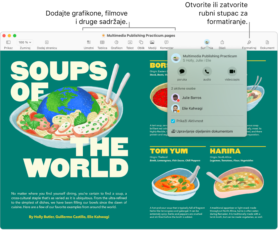 Prozor aplikacije Pages s prikazom Streama aktivnosti pod tipkom Suradnja u alatnoj traci, s dvije aktivne osobe. Postoje oblačići za dodavanje grafikona, filmova i ostalog u alatnoj traci, te oblačić za Otvori ili Zatvori rubni stupac Format.