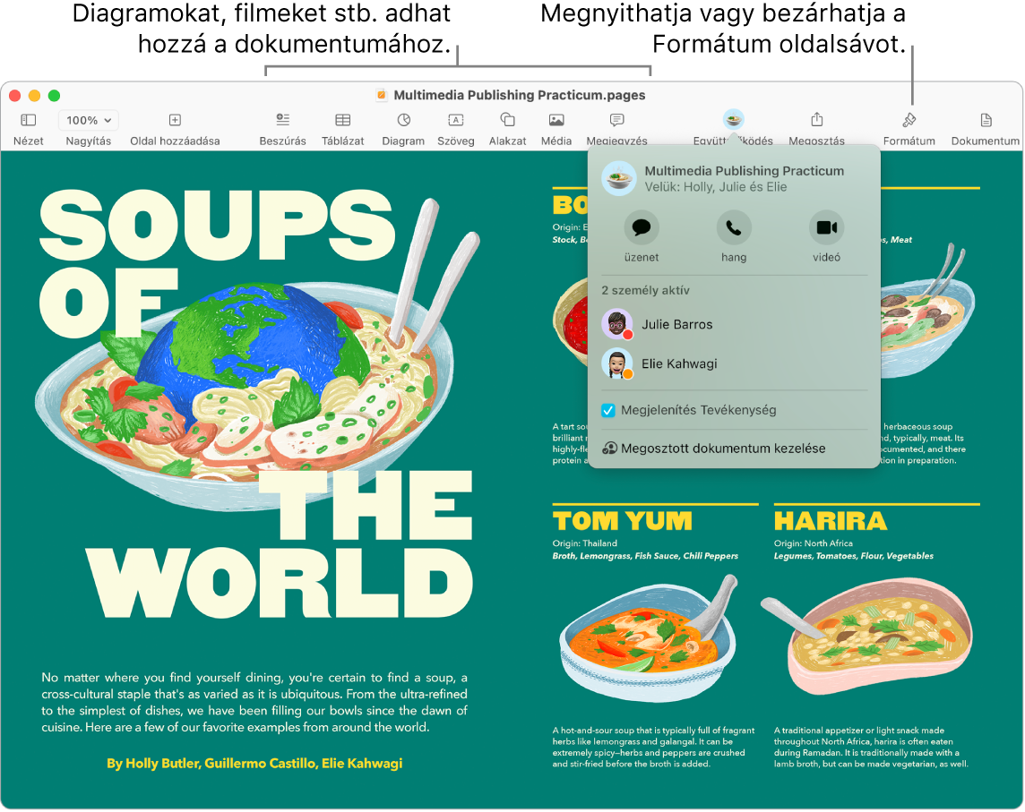 Egy Pages ablak az eszközsor Együttműködés gombja alatt található Tevékenységstreammel és két aktív személlyel. Ábrafeliratok mutatnak az eszközsor diagramok, filmek stb. hozzáadására, valamint a Formátum oldalsáv megnyitására és bezárására szolgáló lehetőségre.