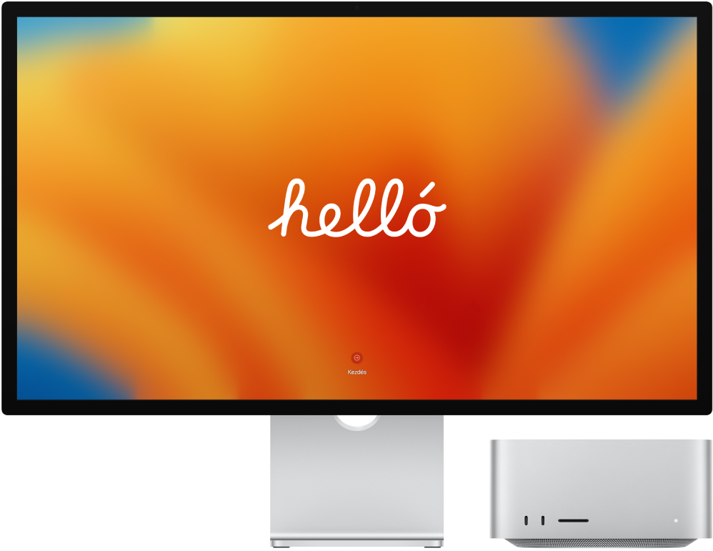 Egy Studio Display és egy Mac Studio egymás mellett a „hello” szóval a képernyőn.