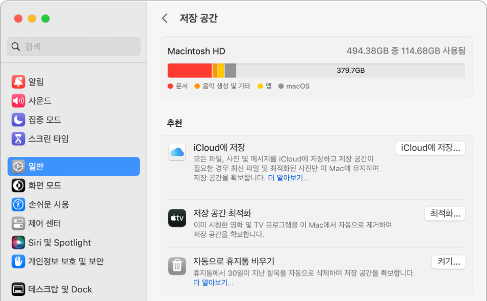 iCloud에 저장, 저장 공간 최적화, 자동으로 휴지통 비우기 옵션을 표시하는 저장 공간에 대한 권장 설정.