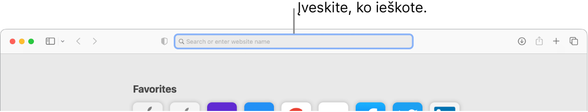 Apkarpytas „Safari“ langas su išnaša į paieškos lauką lango viršuje.