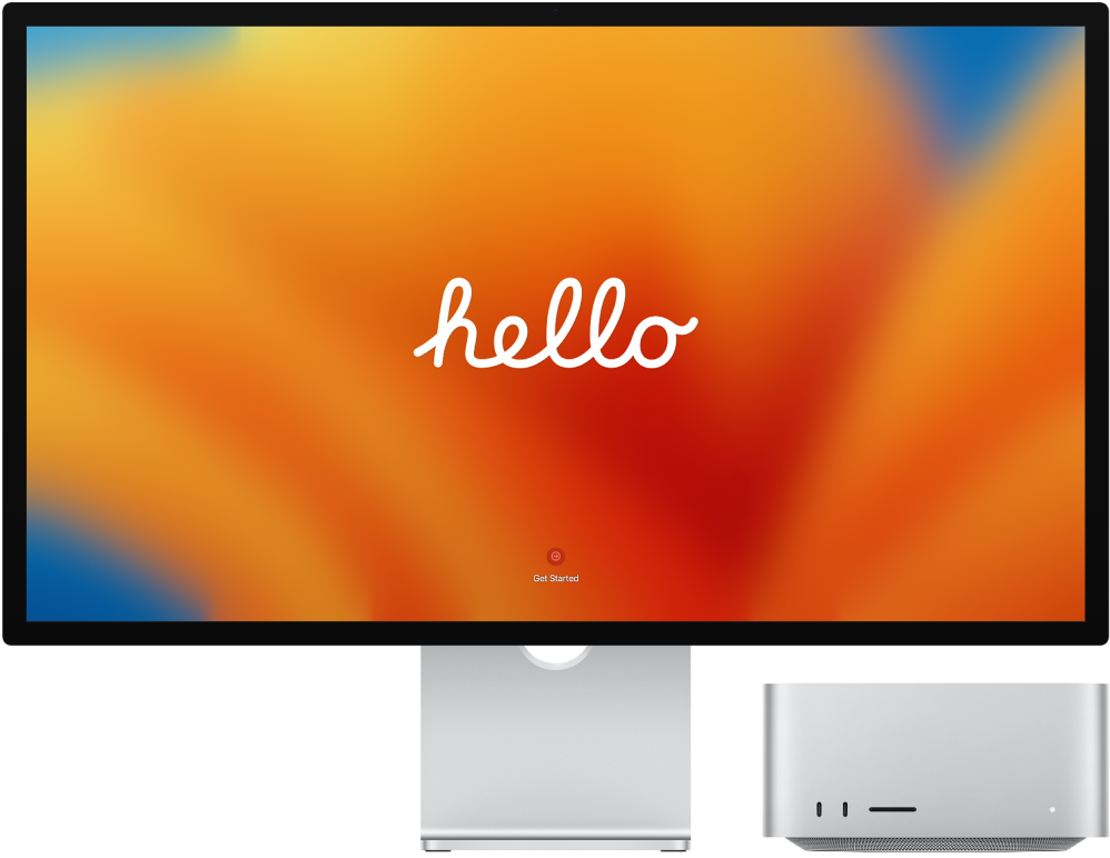 „Studio Display“ ir „Mac Studio“ vienas šalia kito, ekrane matomas žodis „hello“.