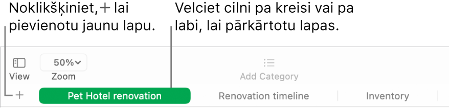 Lietotnes Numbers logā parādīts, kā pievienot jaunu lapu un pārkārtot esošās.