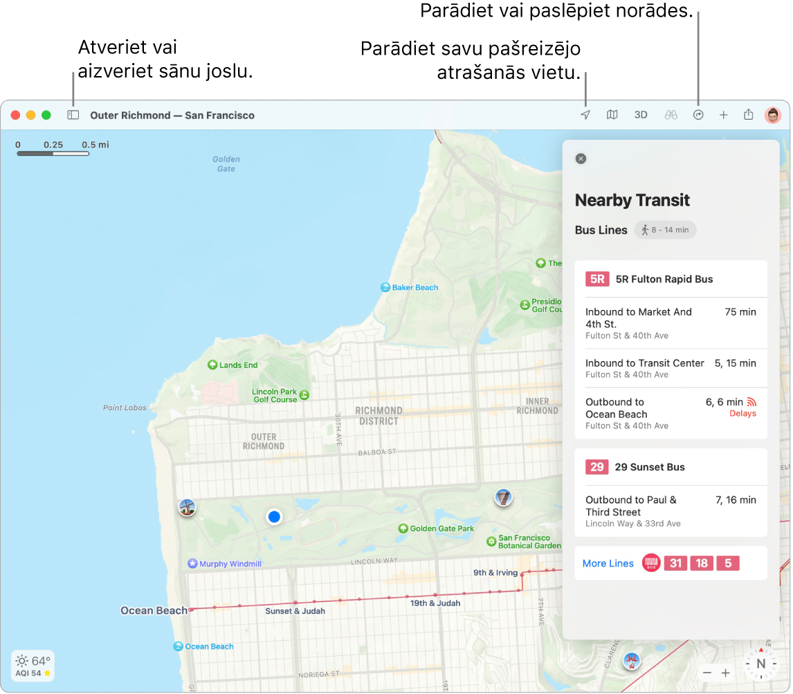 Lietotnes Maps logā redzams, kā iegūt norādes, klikšķinot uz galamērķa sānu joslā, kā atvērt vai aizvērt sānu joslu un kā atrast savu atrašanās vietu kartē.