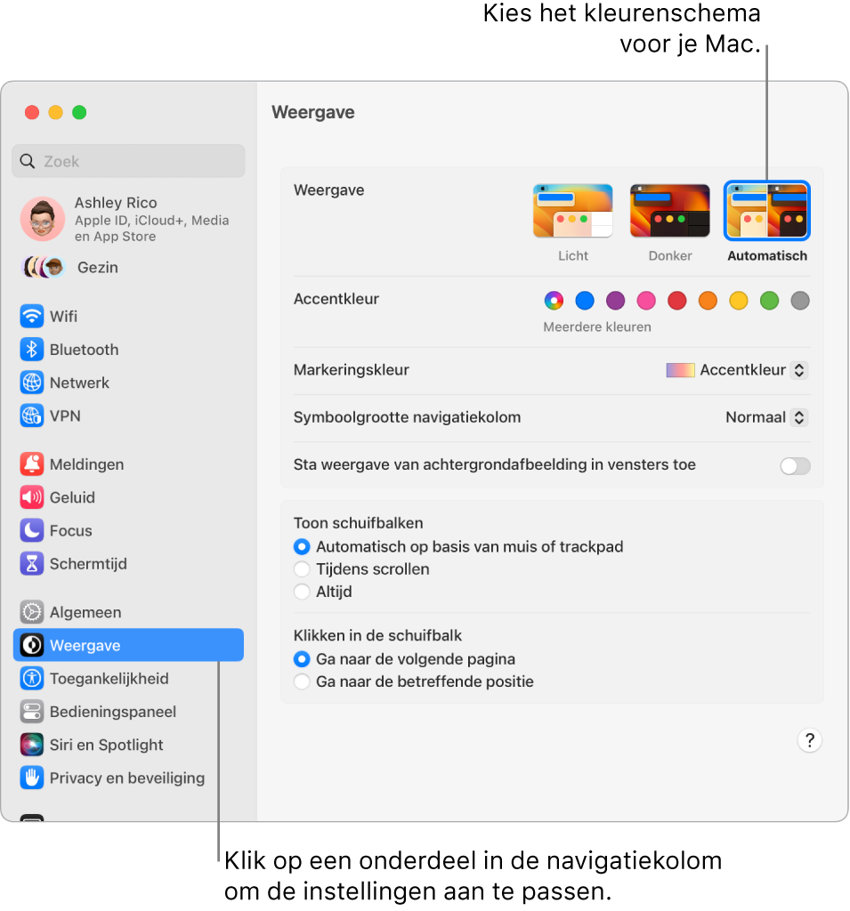 Het paneel 'Weergave' in Systeeminstellingen.