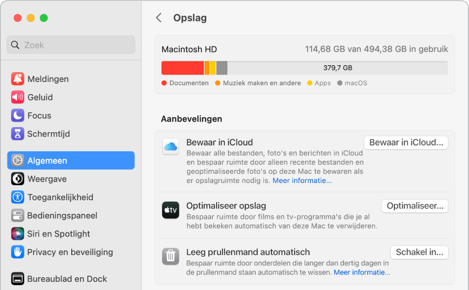 De instellingen voor 'Aanbevelingen' voor opslag, met de opties 'Bewaar in iCloud', 'Optimaliseer opslag' en 'Leeg prullenmand automatisch'.