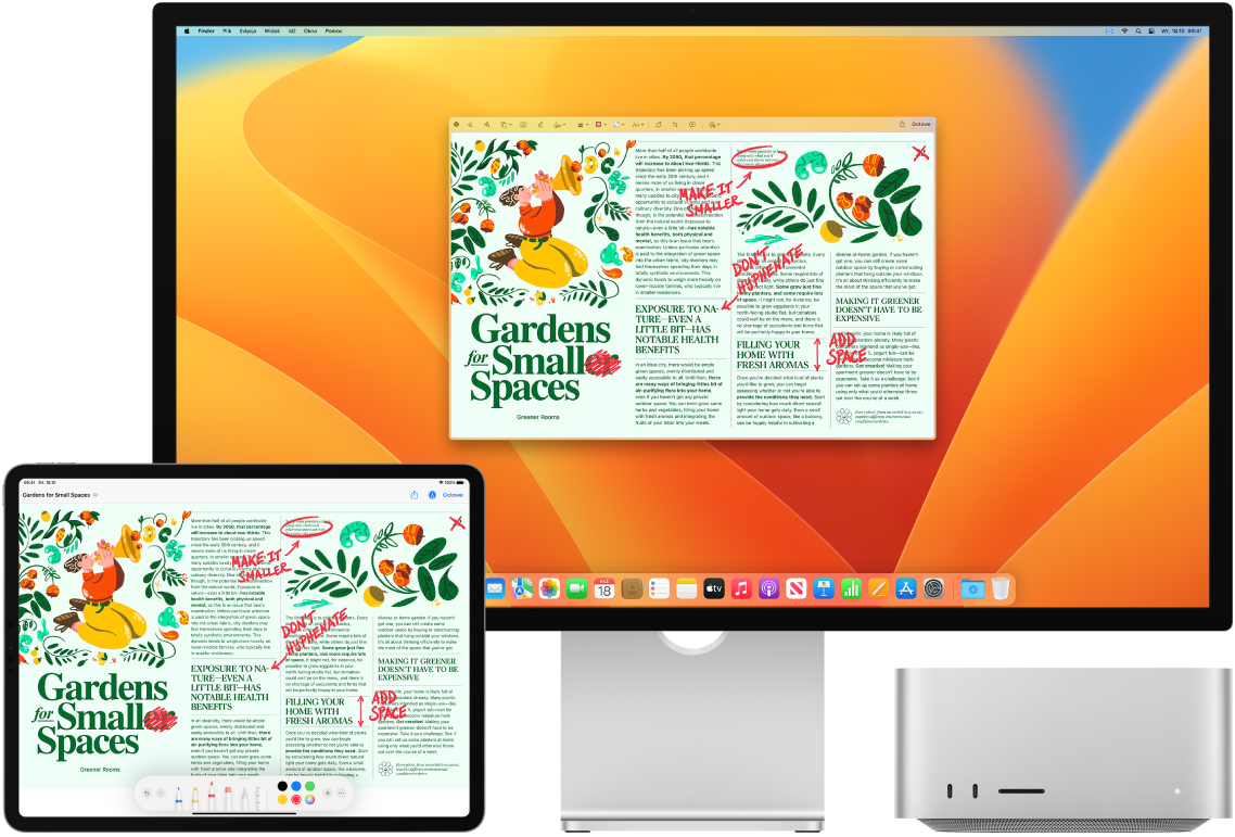 Mac Studio oraz iPad znajdujące się obok siebie. Na obu ekranach widoczny jest artykuł zawierający różne poprawki na czerwono: przekreślone zdania, strzałki i dopisane słowa. Na dole ekranu iPada wyświetlane są narzędzia oznaczania.