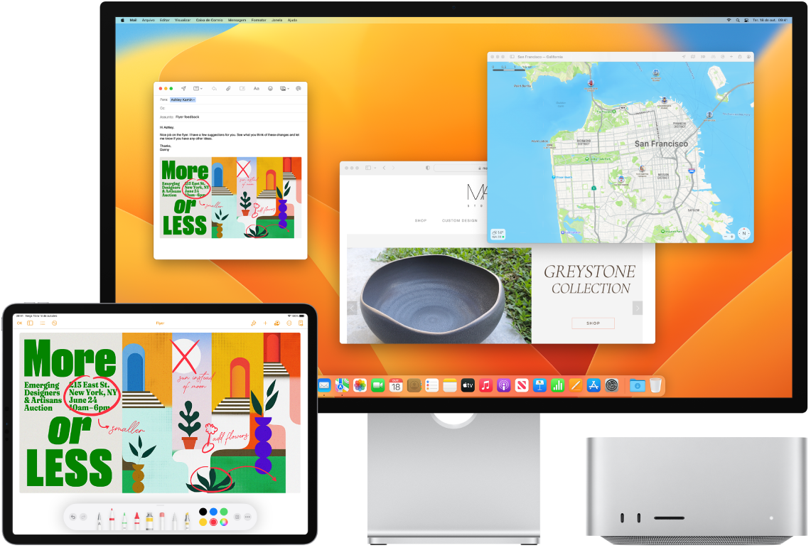 Um Mac Studio e um iPad lado a lado. A tela do iPad mostra um panfleto com anotações. A tela do Mac Studio tem uma mensagem do Mail com o panfleto anotado no iPad como anexo.