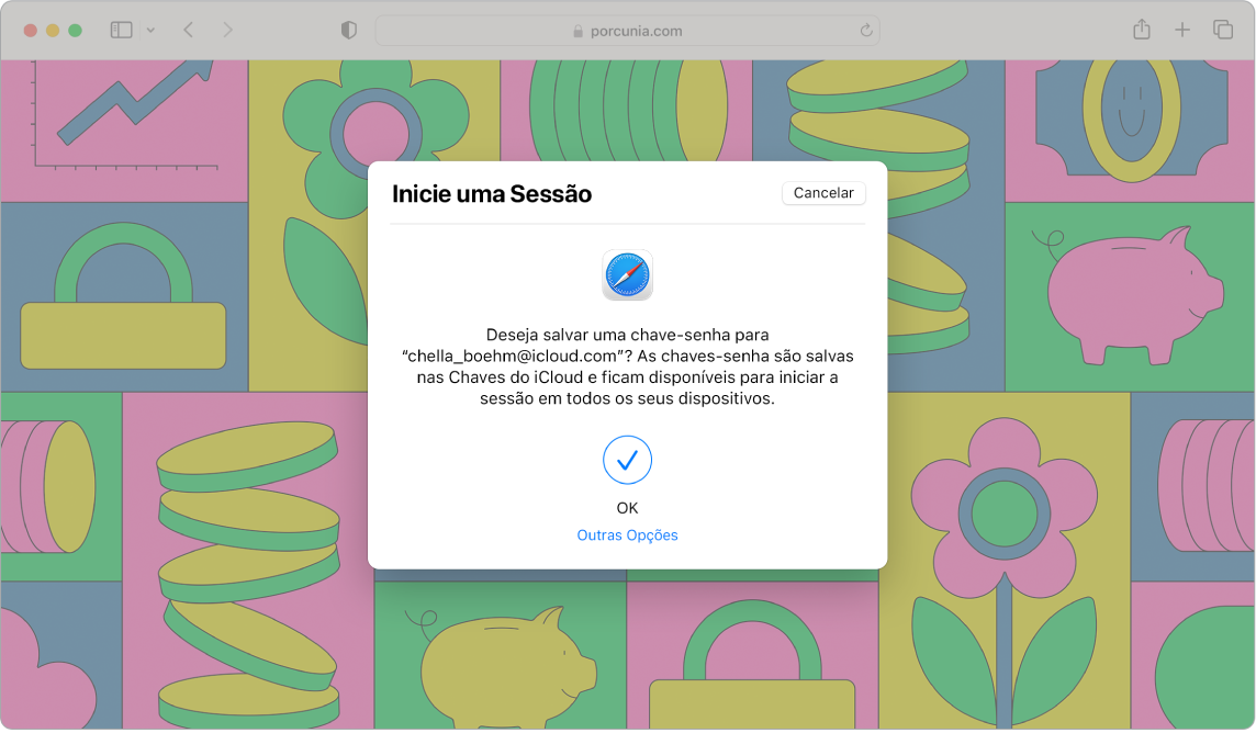 Janela do Safari mostrando uma caixa de diálogo de início de sessão perguntando se o usuário quer salvar uma chave-senha. A caixa de diálogo diz que as chaves-senha serão salvas nas Chaves do iCloud e ficarão disponíveis para iniciar sessão em todos os dispositivos. Um tique azul indica que a chave-senha foi criada, e há um link para Outras Opções para criar uma chave-senha.