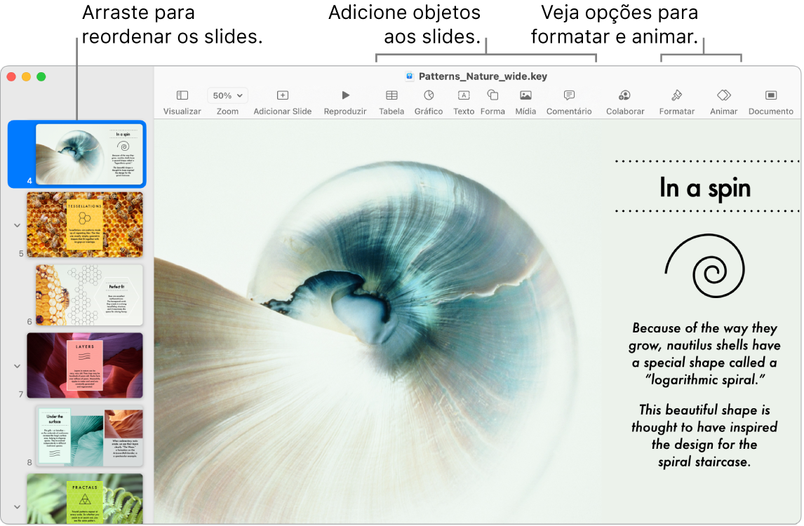 Uma janela do Keynote mostrando o navegador de slides à esquerda e como reordenar slides, a barra de ferramentas e as ferramentas de edição na parte superior, o botão Colaborar próximo à parte superior direita e os botões Formatar e Animar à direita.