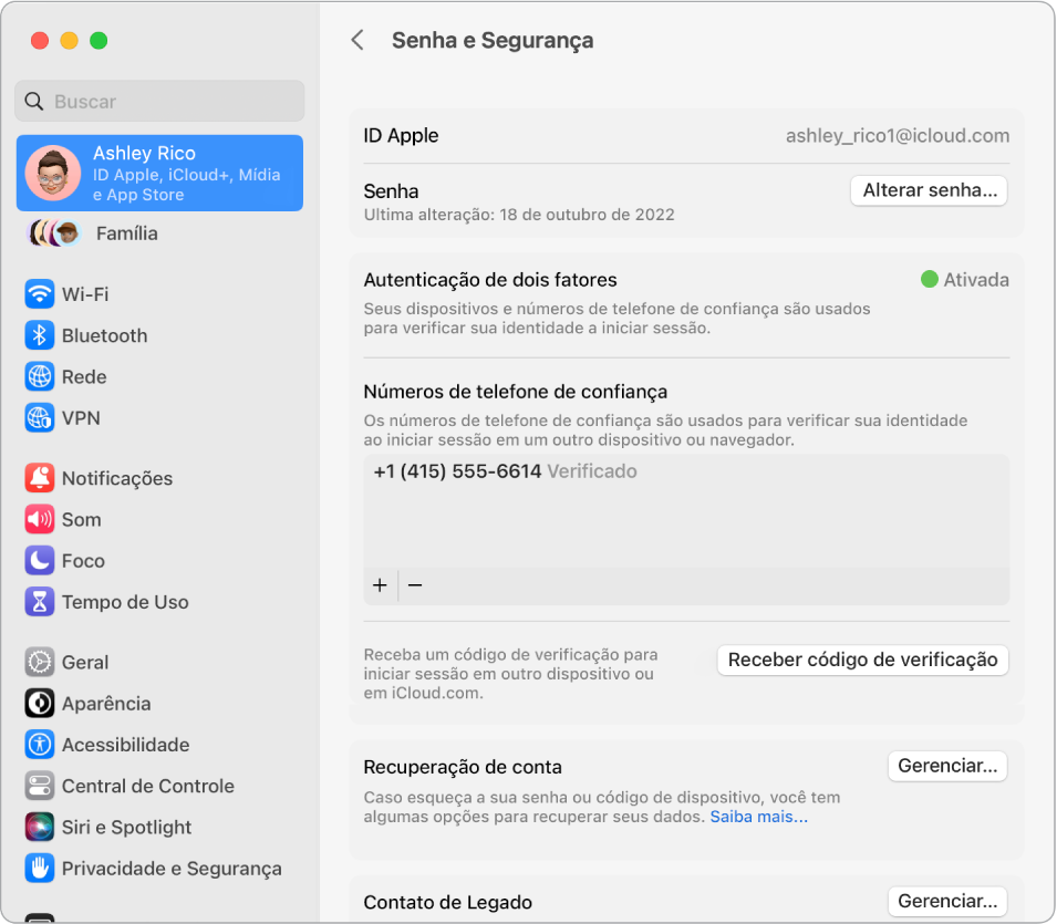 Seção “Senha e Segurança” do ID Apple em Ajustes do Sistema. Aqui, você pode configurar “Recuperação de Conta” ou um “Contato de Legado”.