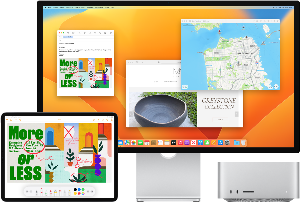 Um Mac Studio e um iPad lado a lado. O ecrã do iPad mostra um panfleto com anotações. O ecrã do Mac Studio tem uma mensagem do Mail com um panfleto anotado do iPad como anexo.