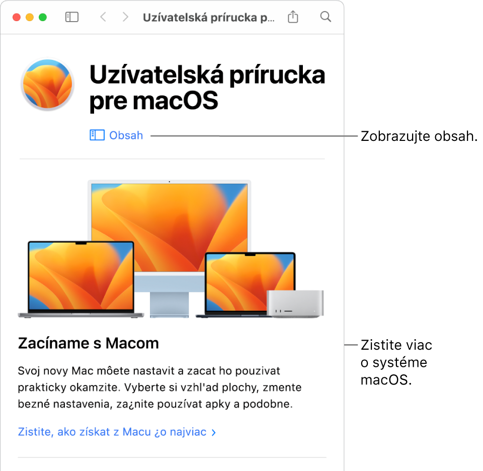 Úvodná obrazovka Príručky užívateľa pre macOS zobrazujúca odkaz na obsah.