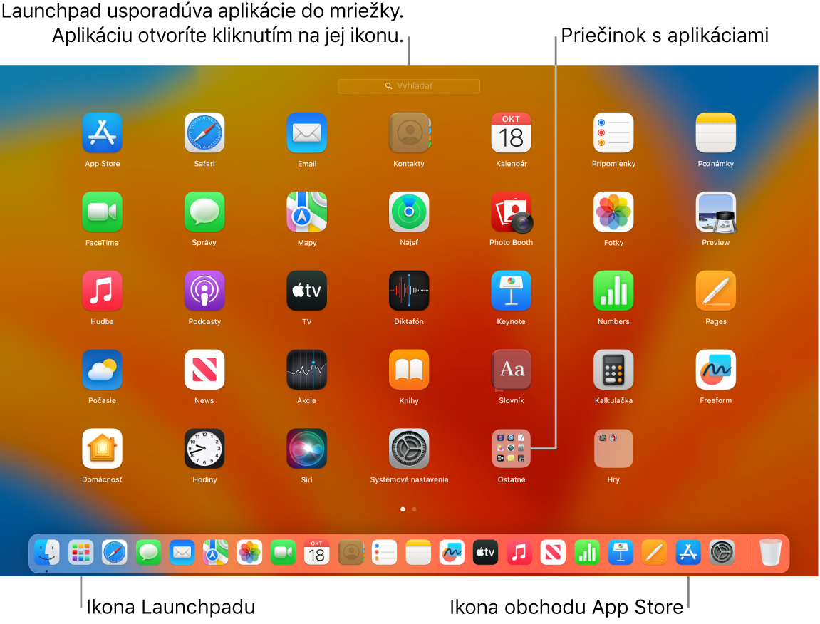 Obrazovka Macu s otvoreným Launchpadom, v ktorom je znázornený priečinok s aplikáciami v Launchpade, a ikony Launchpadu a App Storu v Docku.