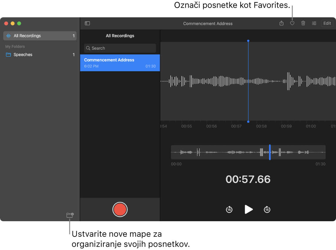 Okno aplikacije Voice Memos, v katerem je prikazano, kako ustvariti nove mape ali označiti posnetek kot priljubljen.