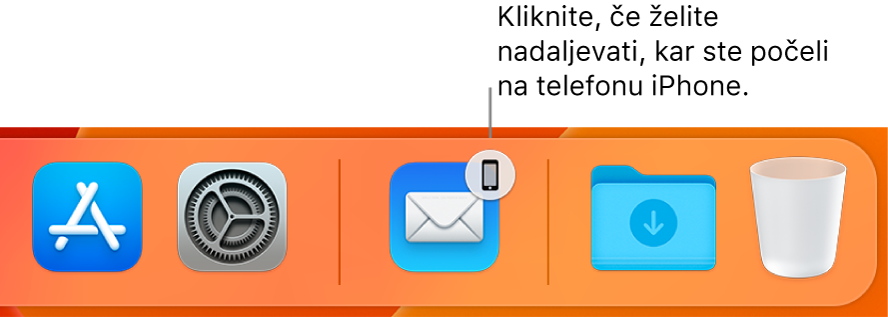 Ikona Handoff je vidna v vrstici Dock.