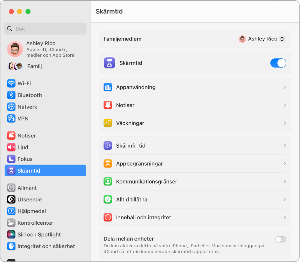  Ett inställningsfönster för Skärmtid visar alternativ för att se Appanvändning, Notiser eller Väckningar, liksom alternativ för att hantera Skärmtid genom att schemalägga Skärmfri tid, ställa in app- och kommunikationsgränser med mera.