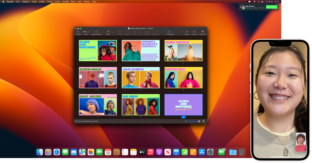 Ett FaceTime-samtal på en iPhone bredvid ett Mac-skrivbord med ett öppet Keynote-fönster. I det övre högra hörnet på datorn finns det en knapp för att växla FaceTime-samtalet till datorn.