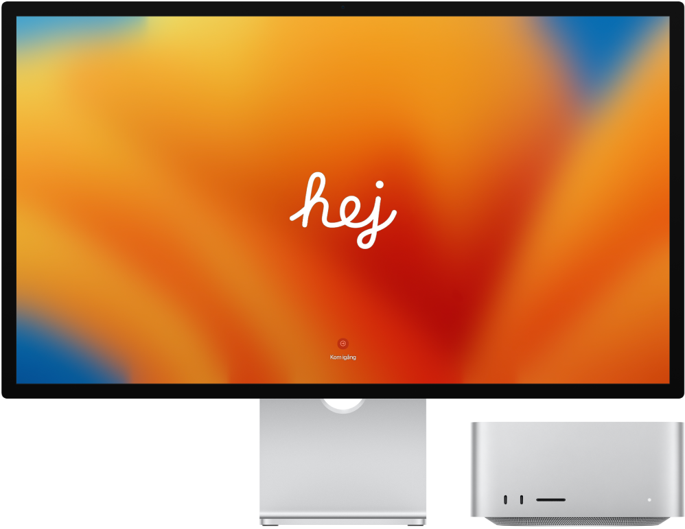 En Studio Display och en Mac Studio bredvid varandra med ordet ”hello” på skärmen.