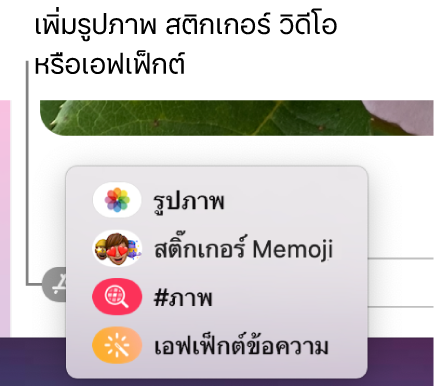 เมนูแอปที่มีตัวเลือกสำหรับการแสดงรูปภาพ, สติกเกอร์ Memoji, GIF และเอฟเฟ็กต์ข้อความ