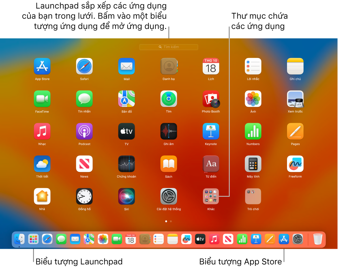 Một màn hình máy Mac với Launchpad được mở, đang hiển thị một thư mục các ứng dụng trong Launchpad, các biểu tượng Launchpad và App Store trong Dock.