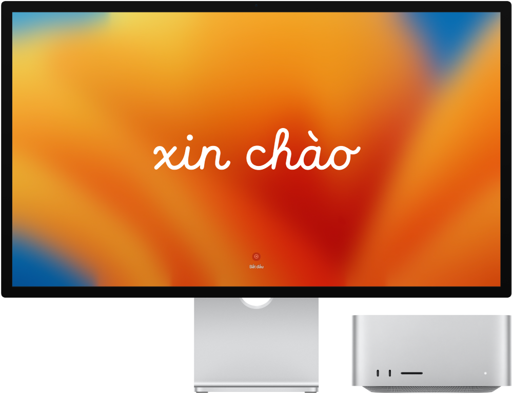 Studio Display và Mac Studio ở cạnh nhau với từ “xin chào” trên màn hình.