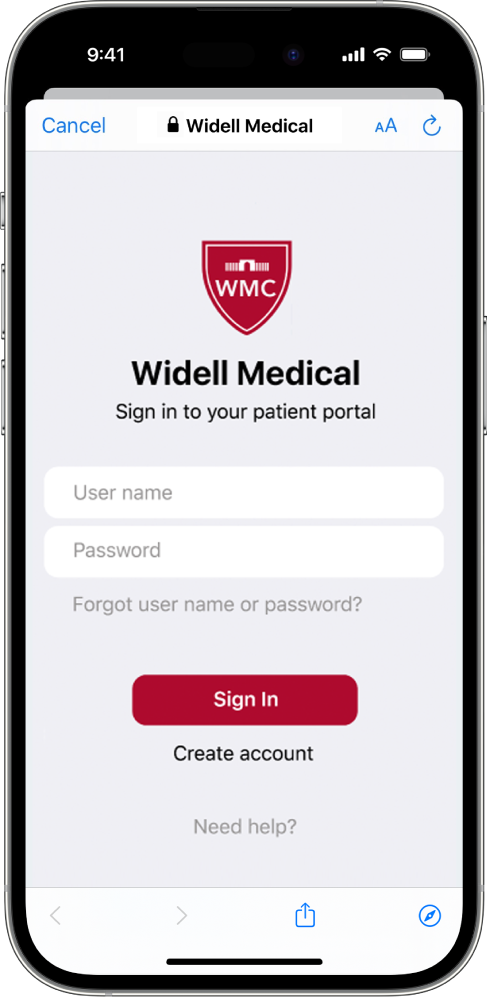 An example of a sign-in page to a patient portal account. In the middle of the screen are text fields for the user name and password. Above the text fields are a logo, the brand name Widell Medical, and a message to “Sign in to your patient portal.” Below the text fields is a link titled “Forgot user name or password?” Below the link is a button to sign in. Below the button are two more links: “Create account” and “Need help?”
