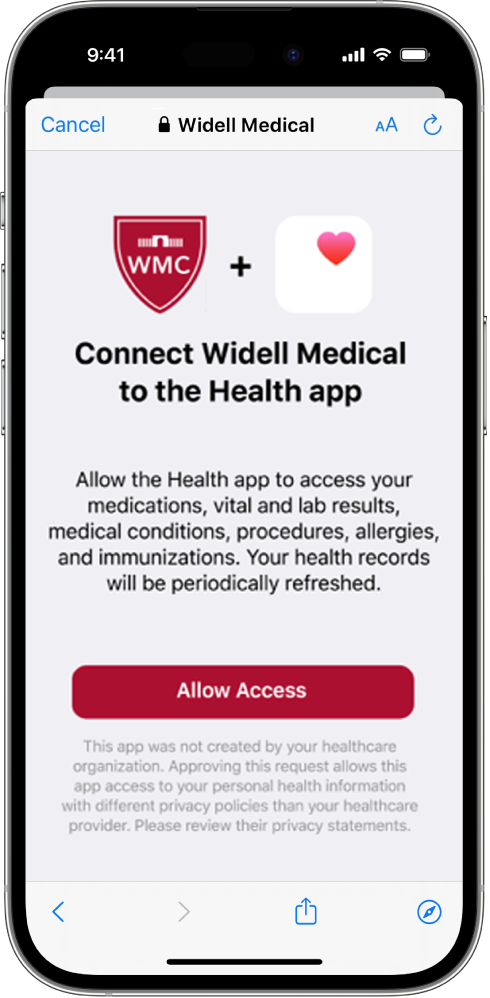  An example of an authorization page for a patient portal account. A button titled Allow Access appears near the bottom of the screen above the sample legal text. Above the button is the message “Connect Widell Medical to the Health app. Allow the Health app to access your medications, vital and lab results, medical conditions, procedures, allergies, and immunizations. Your health records will be periodically refreshed.”