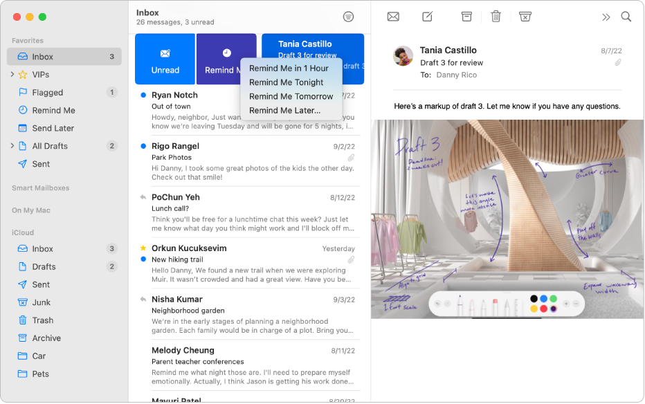 Ein Fenster der App „Mail“, das verschiedene Optionen für „Erinnerung“ anzeigt.